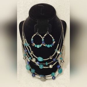 RUBY RD. Teal Beaded Wire Necklace and Hoop Earrings Set / Pierced
